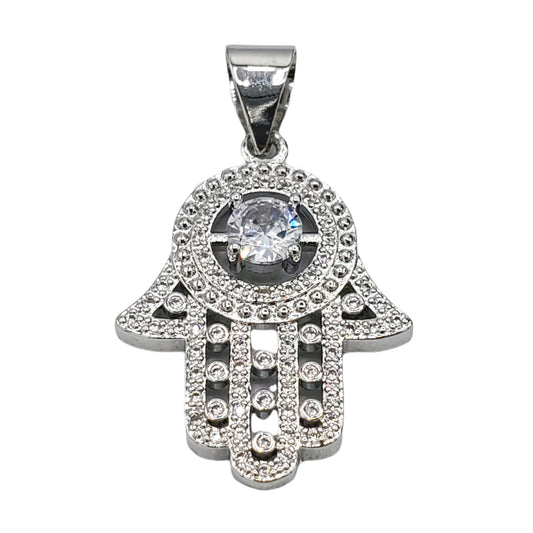 PN-0452 Pendant Plated Silver Mano de Fatima Zirconia Blanca 1.50"