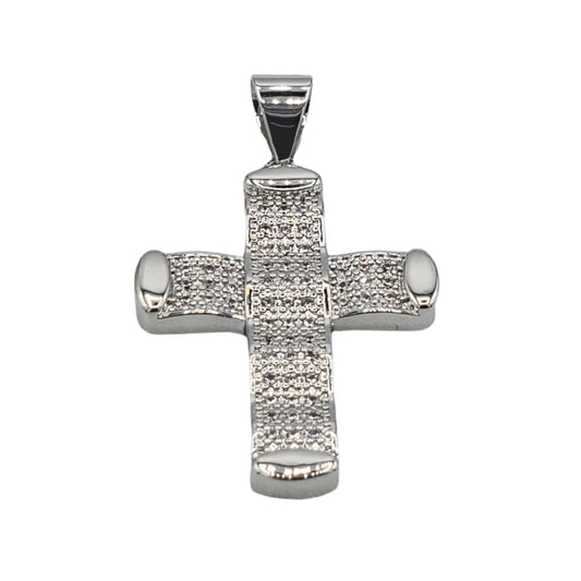 PN-0443 Pendant Plated Silver Cruz Zirconia Blanca 1.75"