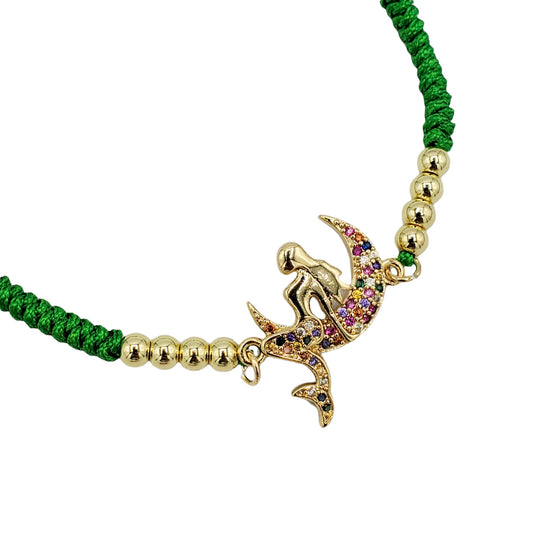 BA-240 Bracelet/Pulsera Sirena Zirconia Multicolor Hilo Verde Ajustable