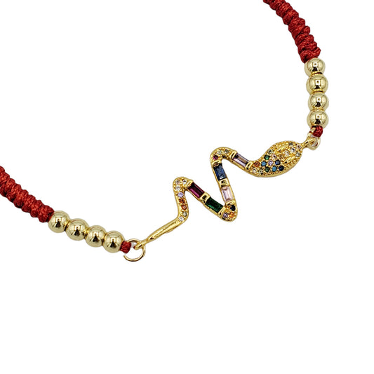 BA-243 Bracelet/Pulsera Serpiente Zirconia Multicolor Hilo Rojo Ajustable