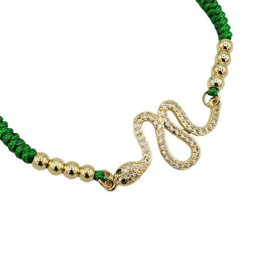 BA-247 Pulsera/Pulsera Serpiente Zirconia Blanca Hilo Verde Ajustable