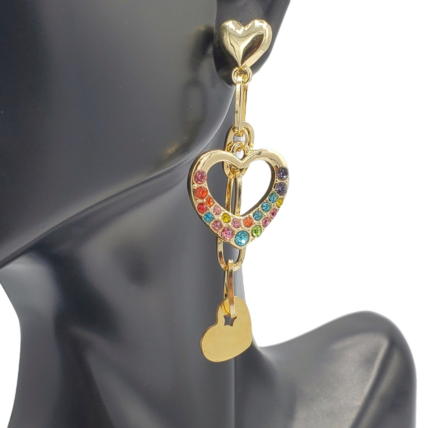 STS-27 Stainless Steel Earrings/Aretes Corazón Zirconia Multicolor 3.25"