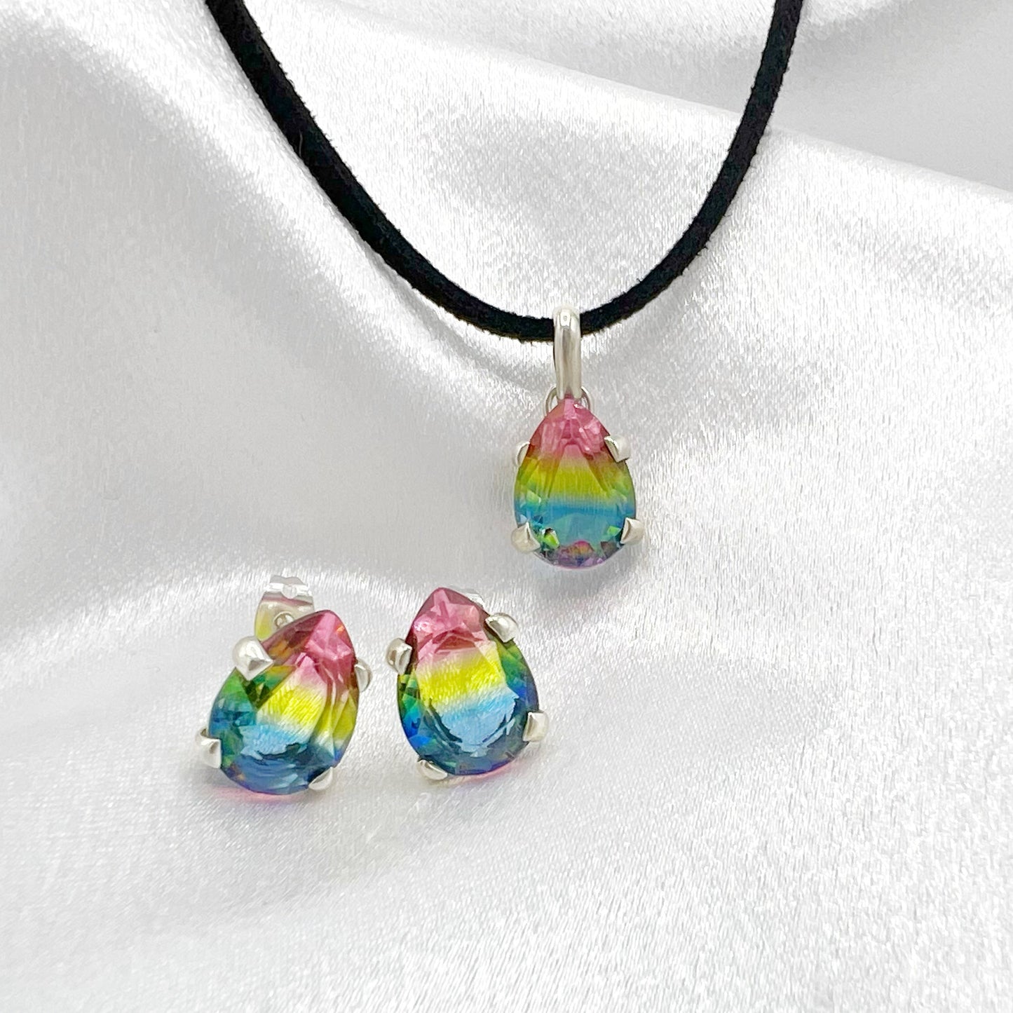 Multicolor: Pink,Green, & Blue Teardrop Set Pendant & Earrings