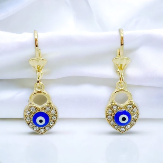 ER-441Aretes Blue Evil Eye Heart and White Stone/Aretes Ojo Turco Azul Corazon con Piedra Blanca