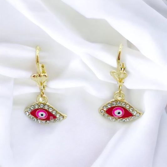 ER-444 Pendientes Evil Eye Rojo con Piedras Blancas/Aretes con Ojo Turco Rojo y Piedra Blanca