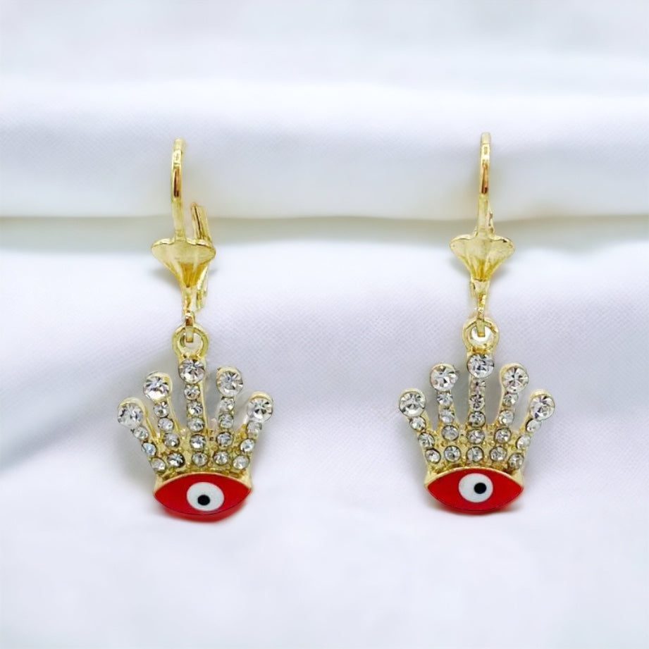 ER-459 Earrings Crown with Evil Eye Red and White Stone/Aretes Corona con Ojo Turco Rojo y Piedra Blanca