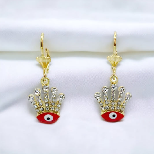 ER-459 Pendientes Corona con Ojo Turco Rojo y Piedra Blanca/Aretes Corona con Ojo Turco Rojo y Piedra Blanca