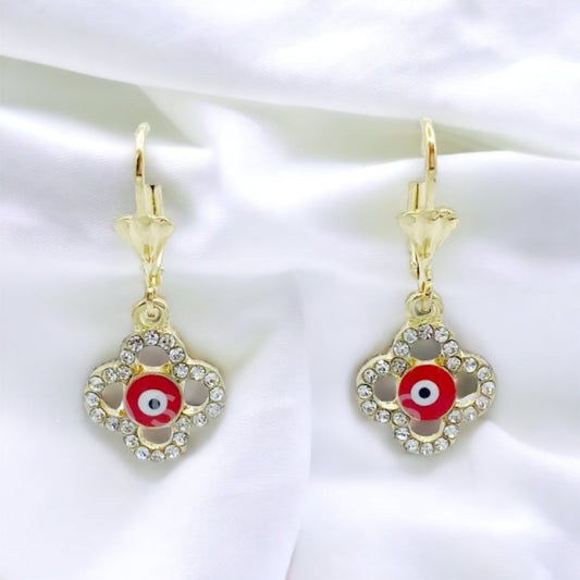 ER-437 Earrings Flower with Evil Eye Red/Aretes Flor con Ojo Turco Rojo