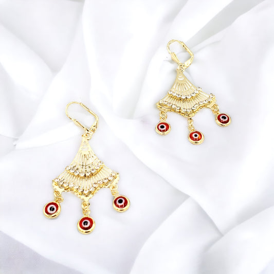 ER-536 Aretes/Aretes Gancho Francés/14k/ Piedra Blanca y Ojo Turco Rojo