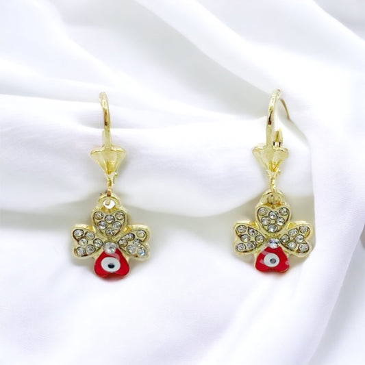 ER-455 Pendientes Lucky Clover Leaf with Evil Eye Red/Aretes Hoja de Suerte y Ojo Turco Rojo con Piedra Blanca