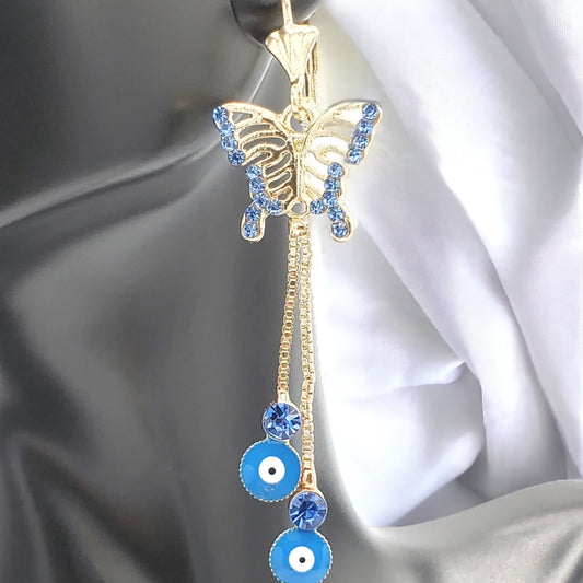 ER-658 Earrings/Aretes Mariposa Zirconia Azul con Ojo Turco 2.50"