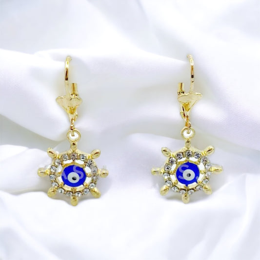 ER-449 Aretes Mal de Ojo Azul con Piedra Blanca/Aretes con Ojo Turco Azul y Piedra Blanca