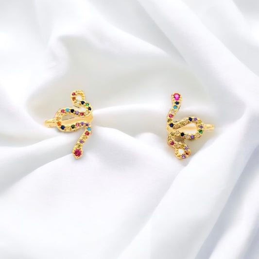 ER-428 Earrings Snake with Multicolored Stone/Aretes Serpiente con Piedra Multicolor 18k