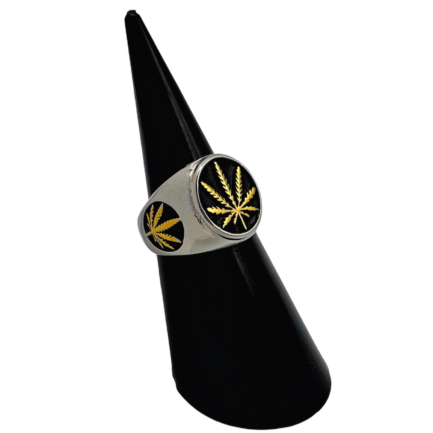 R-38 Stainless Steel Anillo con Hoja de Marihuana/ Marijuana Leaf Ring, Color: Silver,Gold,Black, Seleccione el Size en la Parte de Abajo donde dice Size