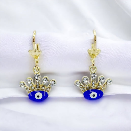 ER-447 Earrings Crown with Evil Eye Blue and White Stone/Aretes Corona con Ojo Turco Azul y Piedra Blanca