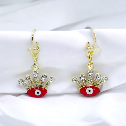 ER-448 Pendientes Corona Mal de Ojo Rojo con Piedra Blanca/Aretes Corona con Ojo Turco Rojo y Piedra Blanca