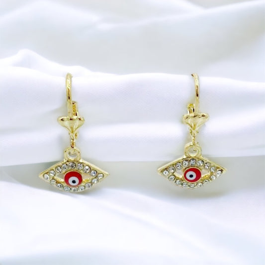 ER-460 Pendientes Evil Eye Rojo con Piedra Blanca/Aretes con Ojo Turco Rojo y Piedra Blanca