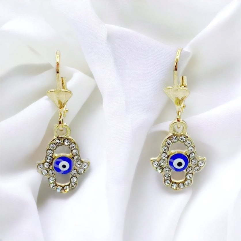 ER-458 Earrings Hamsa with Blue Evil Eye and White Stones/Aretes Mano de Fatima con Ojo Turco Azul y Piedra Blanca