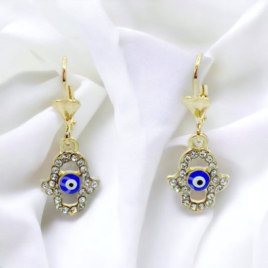 ER-458 Pendientes Hamsa con Ojo Azul y Piedras Blancas/Aretes Mano de Fátima con Ojo Turco Azul y Piedra Blanca