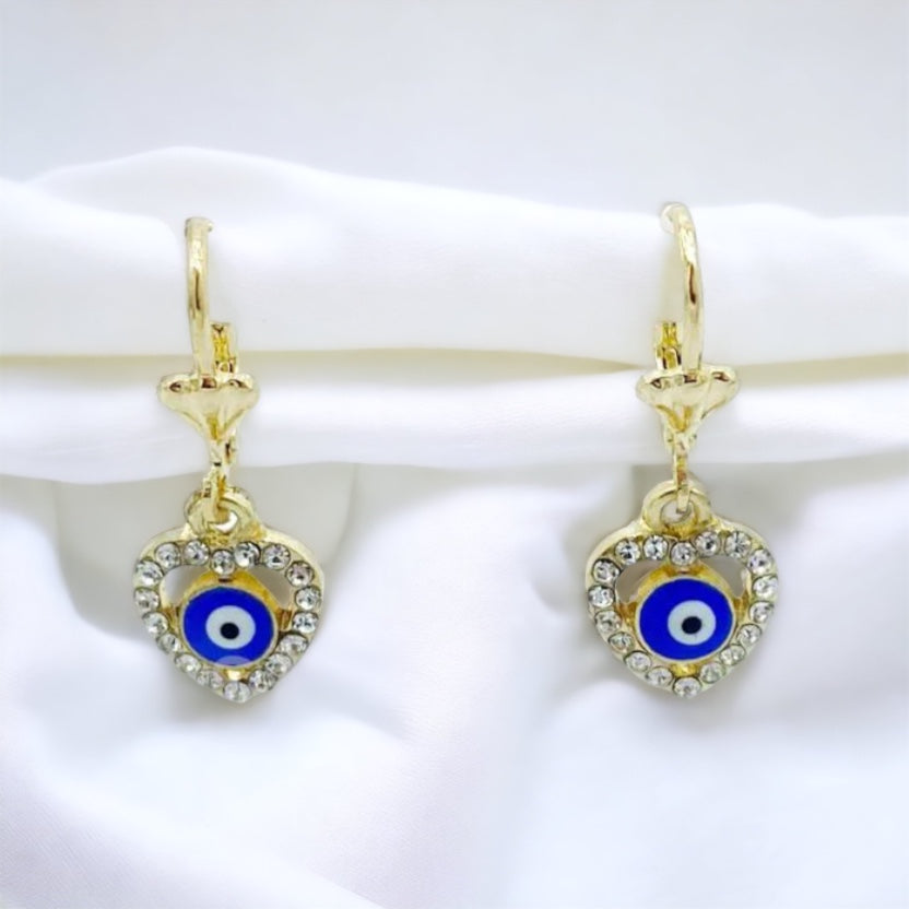 ER-451Aretes Corazon Azul Mal de Ojo con Piedra Blanca/Aretes Corazon con Ojo Turco Azul y Piedra Azul