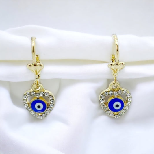 ER-451Earrings Heart Blue Evil Eye with White Stone/Aretes Corazon con Ojo Turco Azul y Piedra Azul