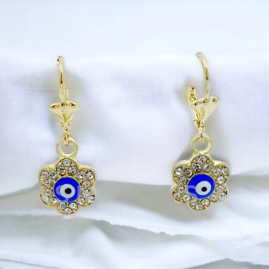 ER-443 Aretes Mal de Ojo Flor Azul con Piedra Blanca/Aretes con Ojo Turco Flor con Piedra Blanca