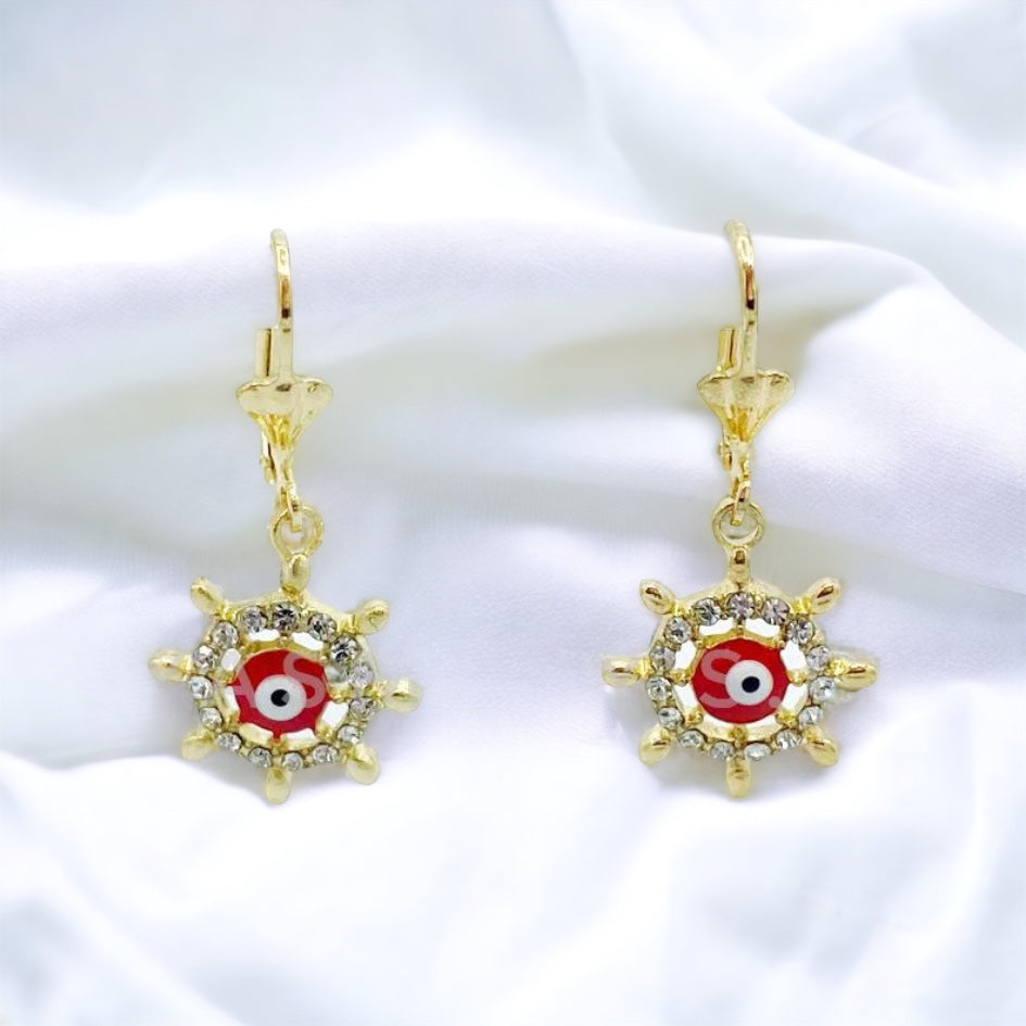 ER-450 Earrings with Evil Eye Red and White Stones/Aretes con Ojo Turco Rojo y Piedra Blanca