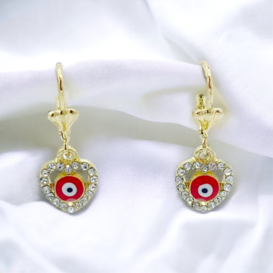 ER-453 Pendientes Corazón Mal de Ojo Rojo con Piedras Blancas/Aretes Corazon con Ojo Turco Rojo y Piedra Blanca