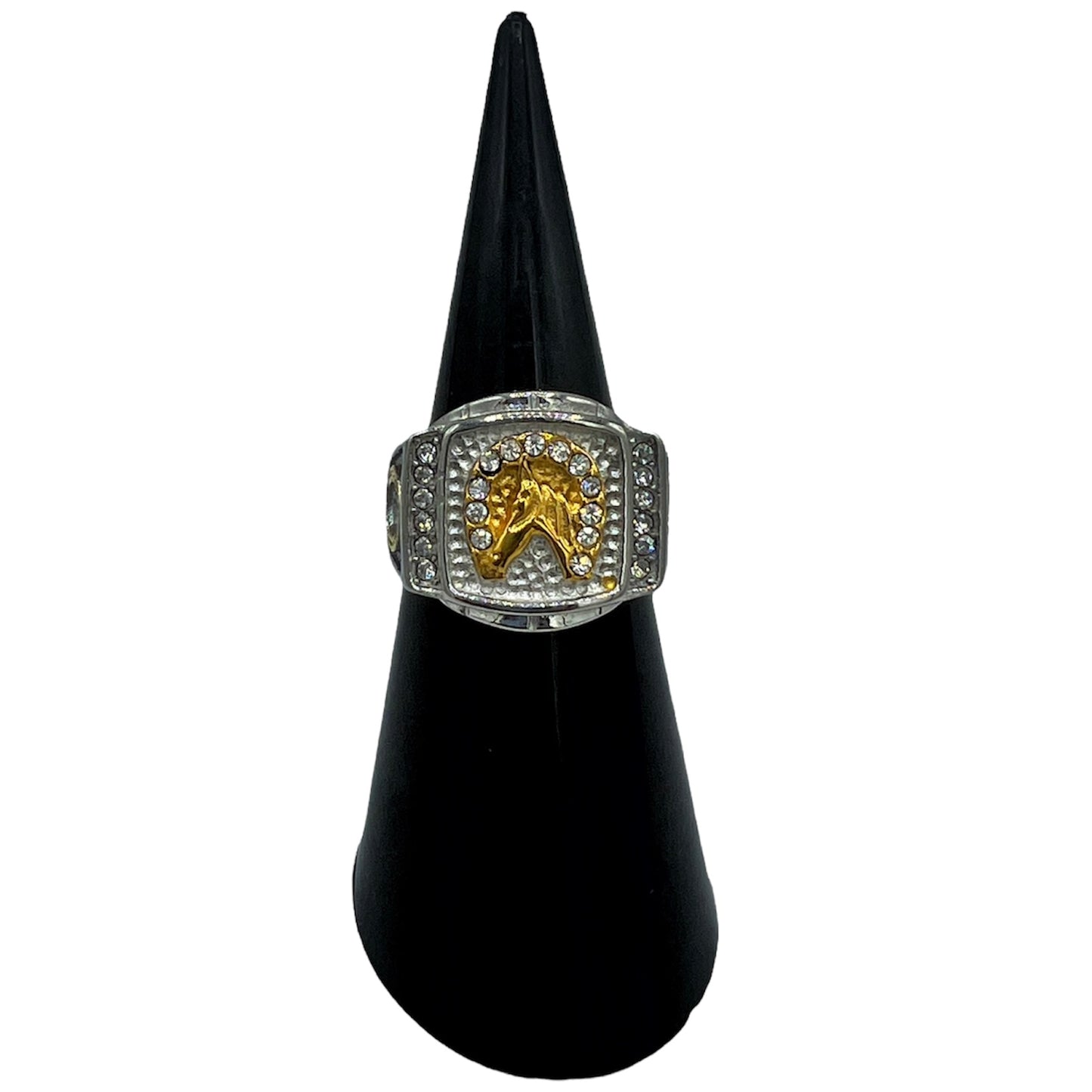 R-37 Stainless Steel Anillo Caballo/ Horse Ring, Color:Silver&Gold, Zirconia Blanca, Seleccione el Size en la Parte de Abajo donde dice Size