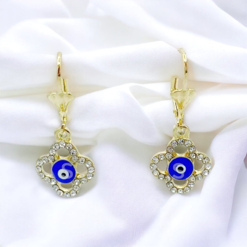 ER-438 Earrings Flower with White Stone and Evil Eye Blue/Aretes Flor con Piedra Blanca y Ojo Turco Azul