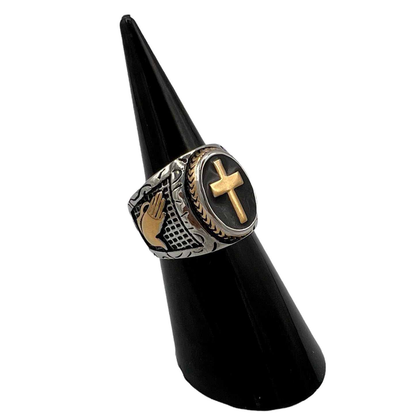 R-42 Stainless Steel Anillo Cruz/ Cross Ring, Color:Silver & Rose Gold, Seleccione el Size en la Parte de Abajo donde dice Size