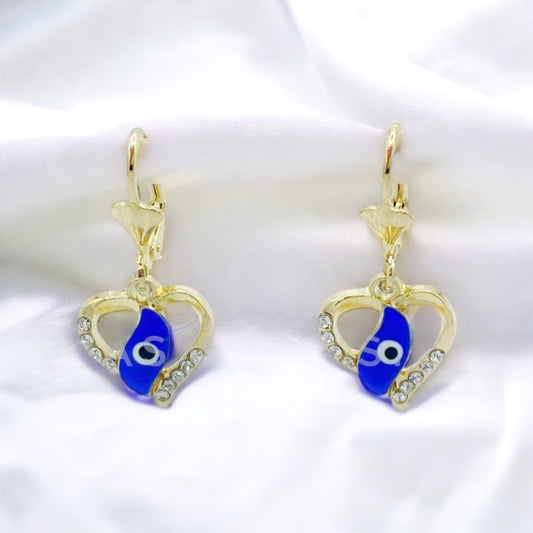 ER-433 Earrings Heart with White Stone and Evil Eye Blue/Aretes Corazon con Piedra Blanca y Ojo Turco Azul