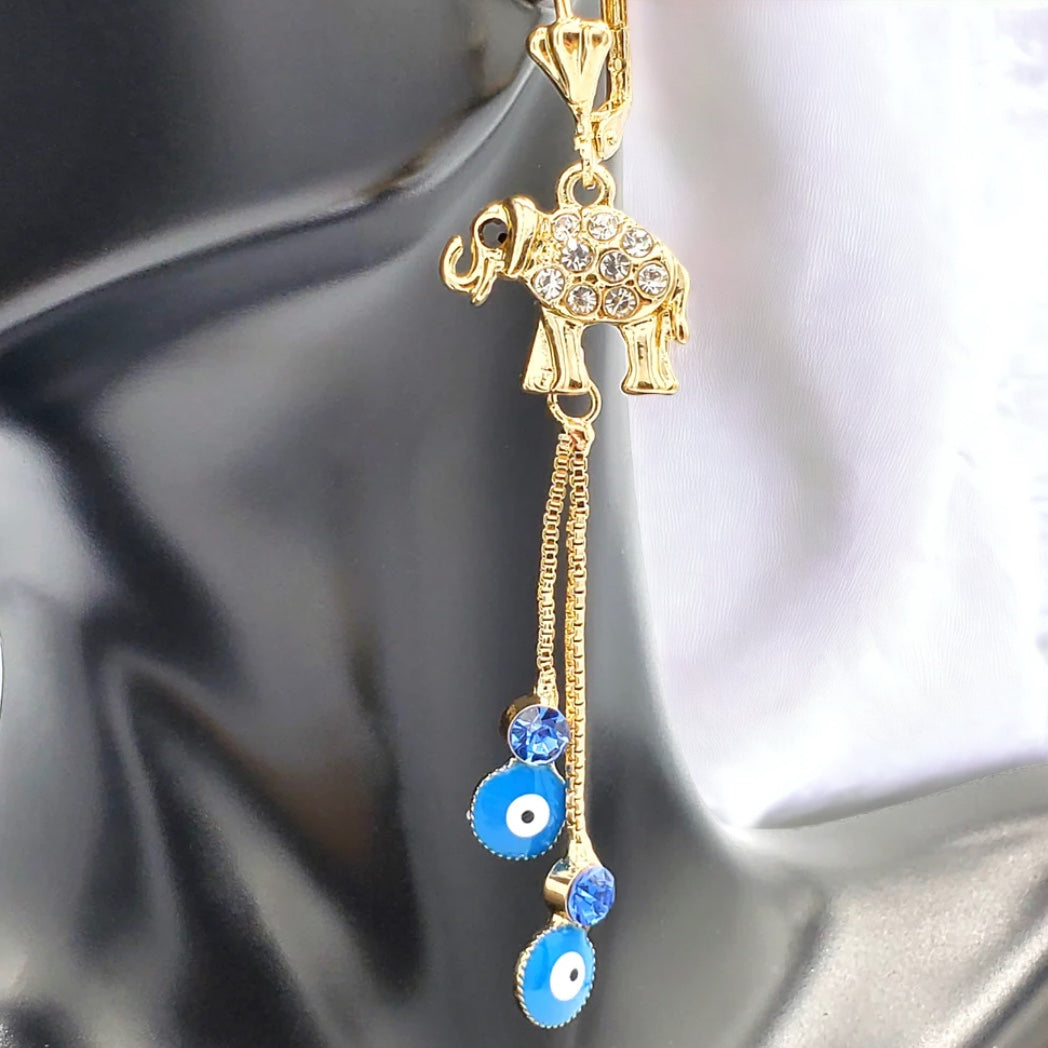 ER-653 Earrings/Aretes Elefante Zirconia Blanca con Ojo Turco Azul 3"