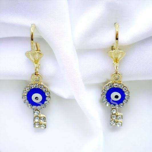 ER-454 Pendientes Llave Mal de Ojo Piedras Azules y Blancas/Aretes Llave con Ojo Turco Azul y Piedra Blanca