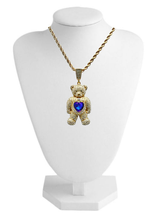 PN-0507 Osito Parado Con Corazón Azul/Morado 2.5” Zirconia Blanca